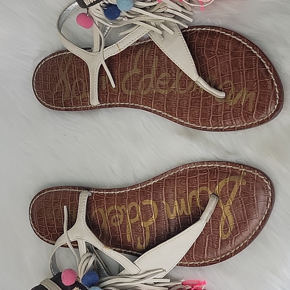 SAM EDELMAN Gere Western Fringe Pom‎ Pom Boho Hippie Gladiator Thong Sandals 8.5 - Picture 4 of 14